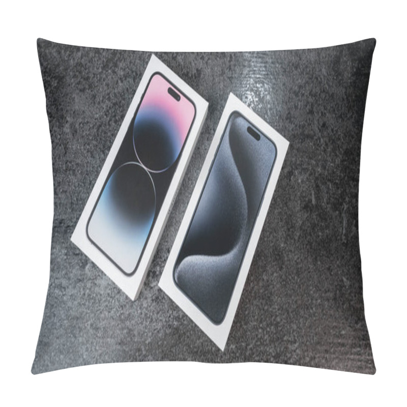 Personality  Jurmala, Latvia - 30 11 2023: Box With New IPhone 15 Blue Titanium And Box With Previous IPhone 14 Pro Max In Deep Purple. High Quality Photo Pillow Covers