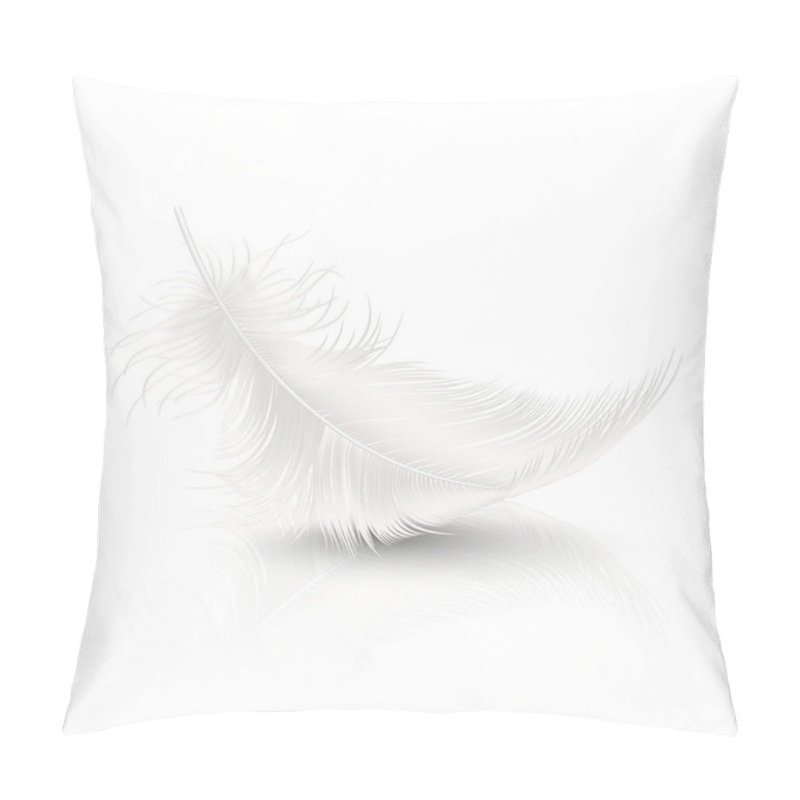 Personality  Vector 3d Realistic Falling White Fluffy Twirled Feather With Reflection Closeup Isolated On White Background. Design Template, Clipart Of Angel Or Detailed Bird Quill Pillow Covers