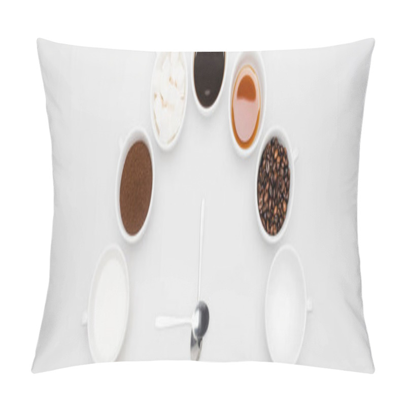 Personality  Top View Of Black Coffee In Cups Near Beans And Sugar Cubes On White, Banner Pillow Covers