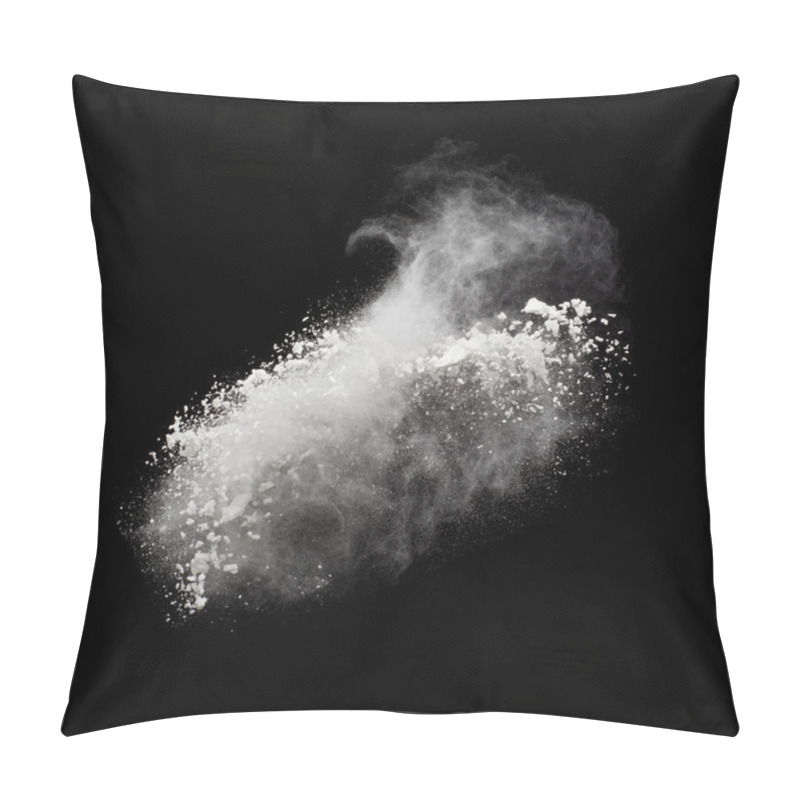 Personality  Freeze Motion Of White Powder Exploding, Isolated On Black. Abstract Design Of White Dust Cloud. Particles Explosion Screen Saver, Wallpaper With Copy Space. Planet Creation Concept Pillow Covers