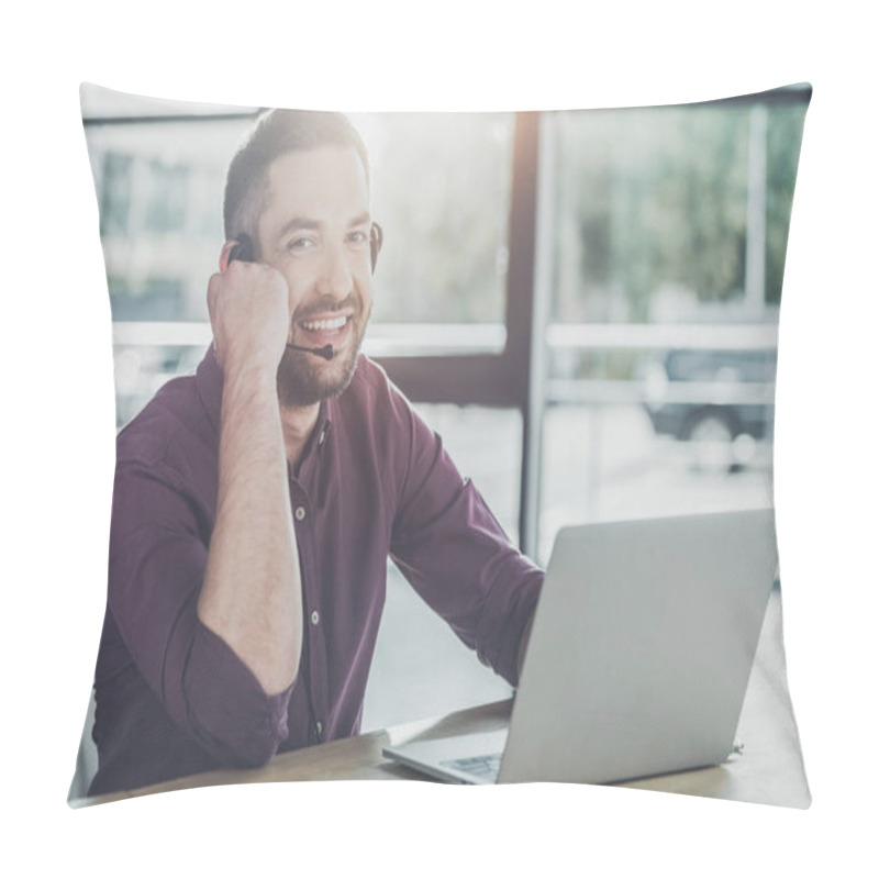 Personality  Handsome Young Call Center Worker Working At Modern Office And Looking At Camera Pillow Covers