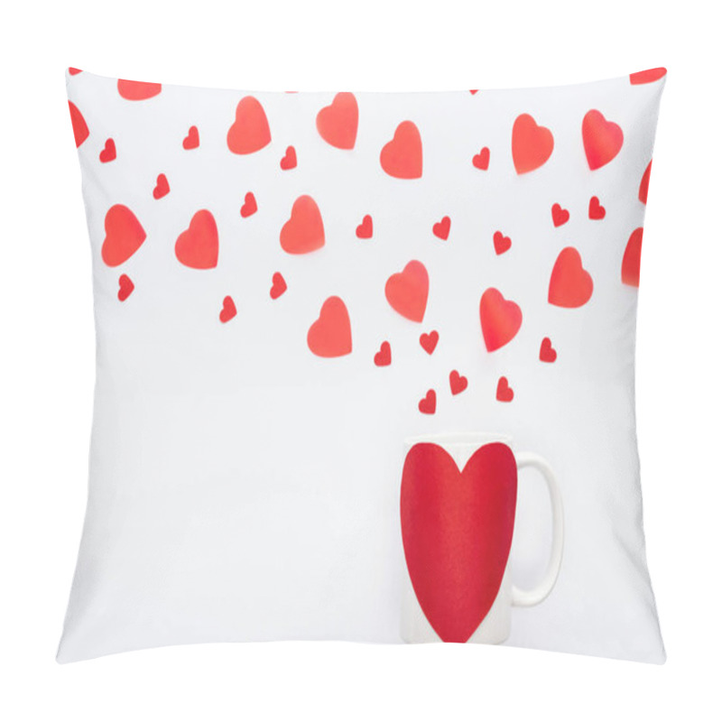 Personality  Top View Of Paper Hearts And Cup With Heart Shaped Sticker Isolated On White, St Valentines Day Concept Pillow Covers