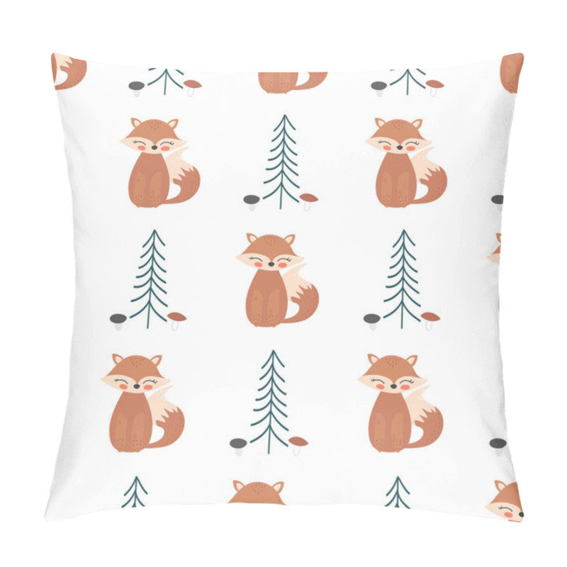 Personality  Cartoon Fox Seamless Pattern. Fox, Trees And Mushrooms Vector Illustration. Pillow Covers