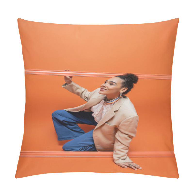 Personality  Cheerful African American Fashion Model In Stylish Outfit Squatting Out Of Orange Framework Pillow Covers