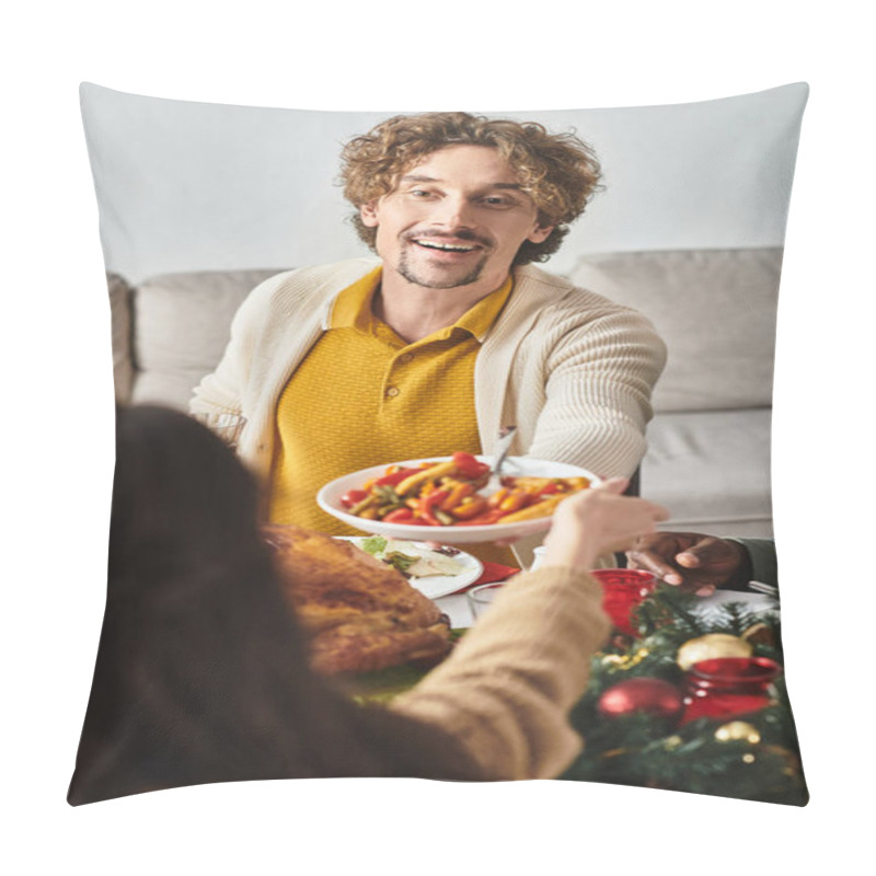 Personality  Jolly Man Surrounded By His Family At Holiday Lunch Enjoying And Sharing Festive Food, Christmas Pillow Covers