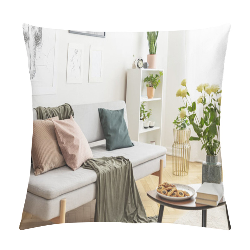 Personality  White Roses In Vase, Cookies On The Plate And Books On Wooden Coffee Table In Fashionable Living Room In Tenement House Pillow Covers