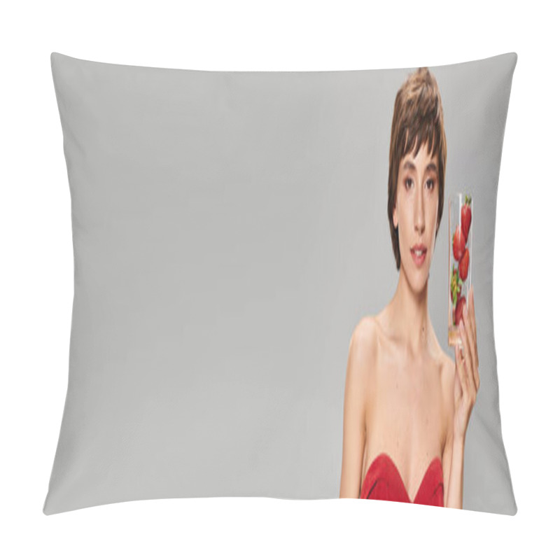 Personality  Young Woman In A Red Dress Gracefully Holding Glass Of Strawberries. Pillow Covers