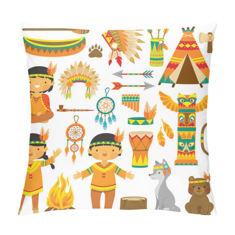 Personality  Clip Art Set With Cute Native American Kids, Animals And Traditional Items Pillow Covers