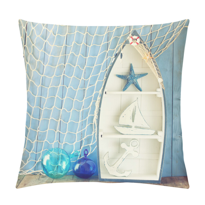 Personality  Nautical Boat Shape Shelves And Nautical Life Style Objects On Wooden Table. Vintage Filtered Pillow Covers