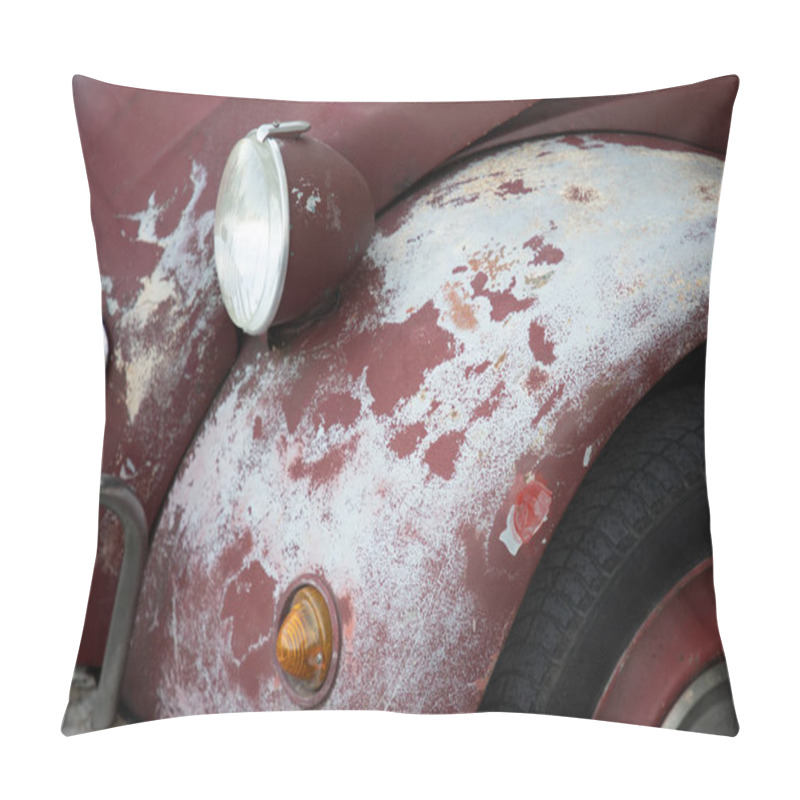 Personality  Old Car Bonnet Engine Hood Wings Indicator And Headlight Of Old Car Used Paint Worn By Time Season And Sun Faded Grunge On Red Burgundy Front Vehicle Pillow Covers