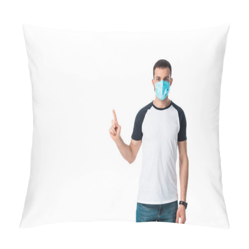 Personality  Man In Medical Mask Pointing With Finger Isolated On White  Pillow Covers