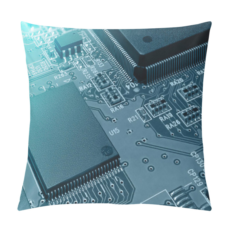 Personality  Closeup Of Printed Circuit Board With Processor, Integrated Circuits And Many Other Surface Mounted Passive Electrical Components. Pillow Covers