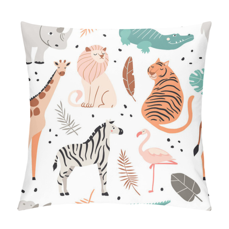 Personality  Cute Exotic Animals Seamless Pattern. Funny Crocodile, Zebra, Giraffe, Lion, Tiger, Flamingo, Hippopotamus. Hand Drawn Cartoon Characters And Plants. Tropical Texture For Kids. Nature, Wildlife Vector Pillow Covers