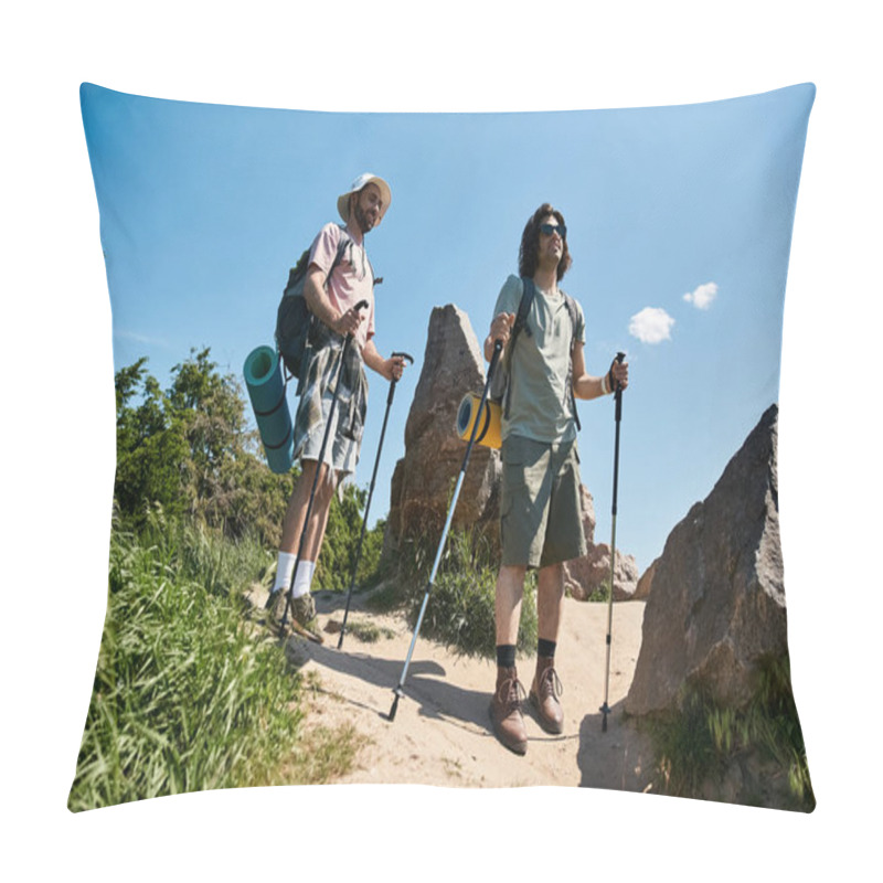 Personality  A Young Gay Couple Hikes Through A Summer Wilderness, Enjoying The Scenery And Each Others Company. Pillow Covers