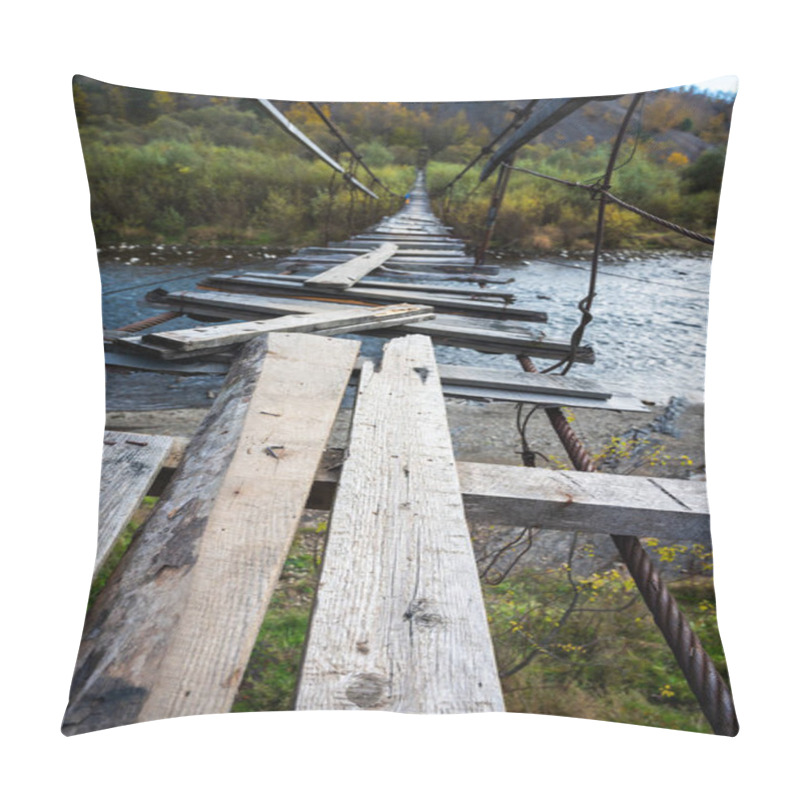 Personality  An Old, Broken Suspension Bridge Stretches Across A River, Creating A Sense Of Adventure And Danger. The Deteriorating Wooden Planks Add An Atmosphere Of Risk And Mystery In A Scenic, Rural Landscape Pillow Covers