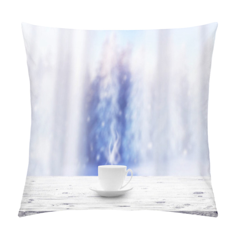 Personality  Cup With Hot Drink On Wooden Table And Window Over Winter Snow Covered Forest Background Pillow Covers