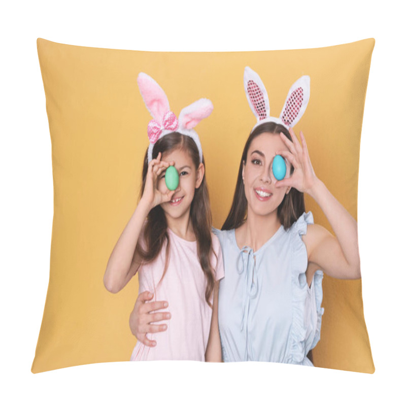 Personality  Mother And Daughter In Bunny Ears Headbands Holding Easter Eggs Near Eyes On Color Background Pillow Covers