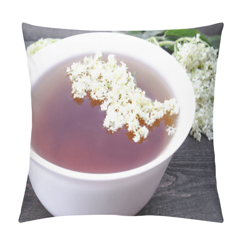 Personality  Elderberry Tea With Flowers On A Wooden Table. Pillow Covers