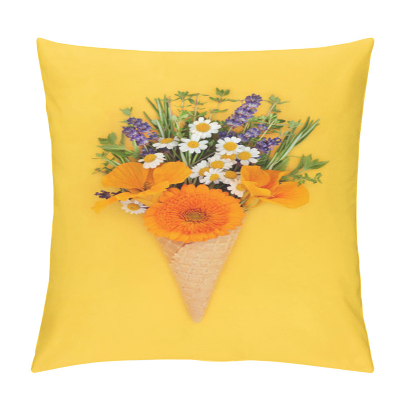 Personality  Summer Edible Flowers And Fresh Herbs In Ice Cream Waffle Cone  Minimal Surreal Nature Food Concept On Vibrant Yellow Background. Flay Lay Copy Space. Pillow Covers