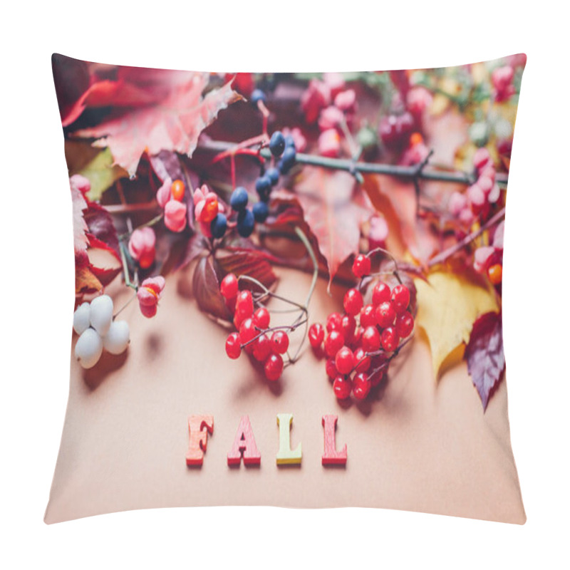 Personality  Fall Writing Word Arranged By Autumn Leaves And Red Blue Berries. Seasonal Decoration. Pillow Covers