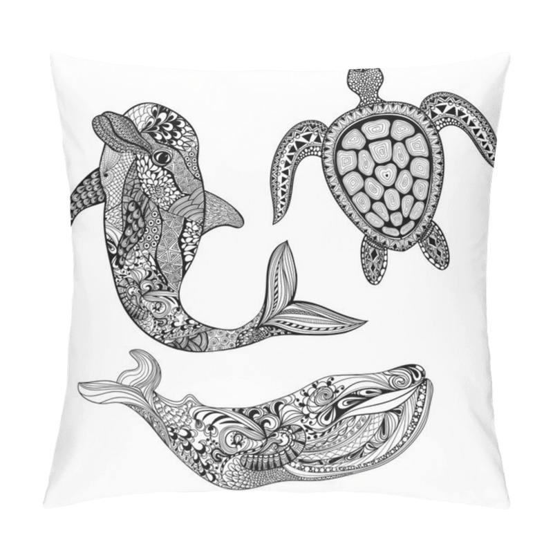 Personality  Zentangle Stylized Set Sea Animals. Black Dolphin, Whale And Tur Pillow Covers