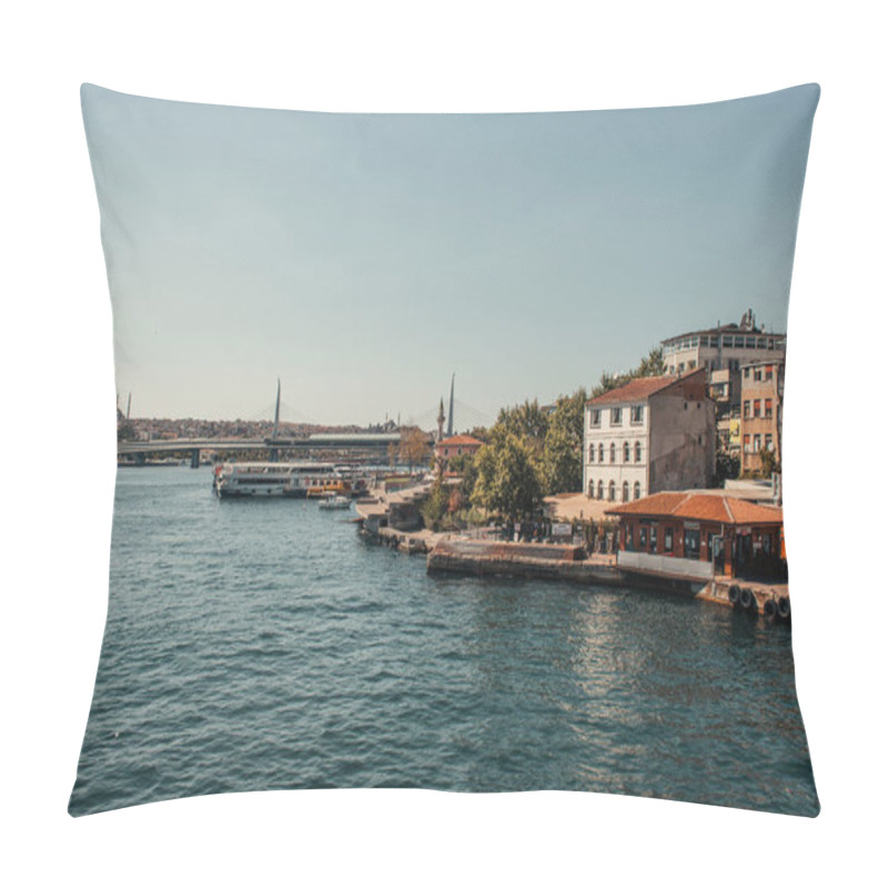 Personality  View From Bosphorus Strait Of Seashore With Buildings And Moored Ships, Istanbul, Turkey Pillow Covers