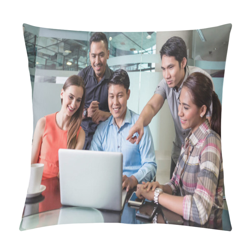 Personality  Multi-ethnic Team Of Employees Watching A Funny Video Or Presentation Pillow Covers