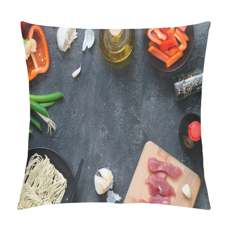 Personality  Fresh Raw Ingredients For Cooking Asian Spicy Pork On Dark Backg Pillow Covers