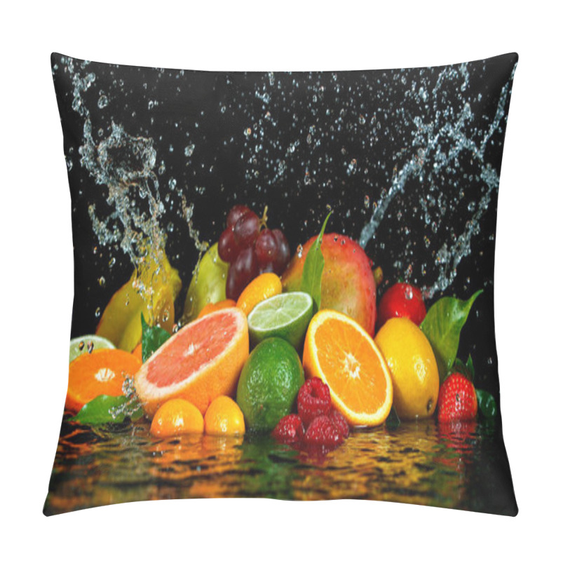 Personality  Freeze Motion Shot Of Fresh Fruits With Splashing Water Pillow Covers