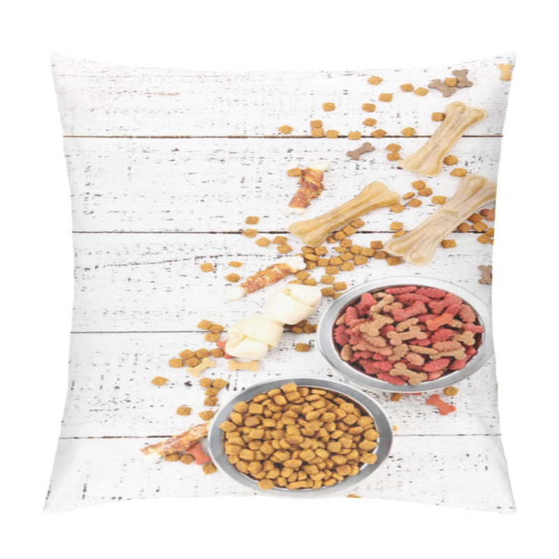 Personality  Dry Pet Food In Bowls With Bones On White Wooden Table Pillow Covers