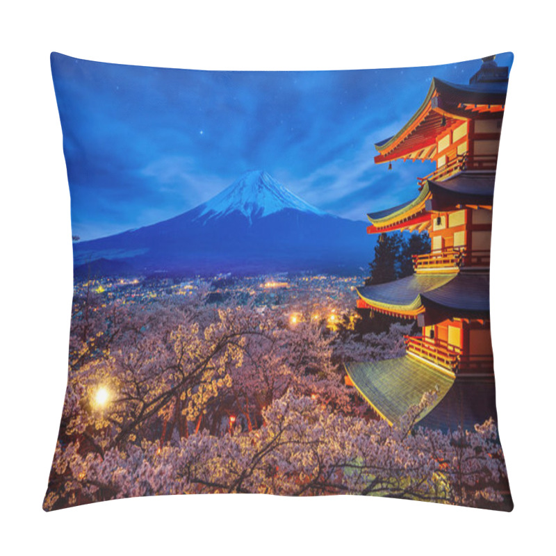 Personality  Night Sky Mt. Fuji And Temple Red Pagoda In Fujiyoshida With Che Pillow Covers