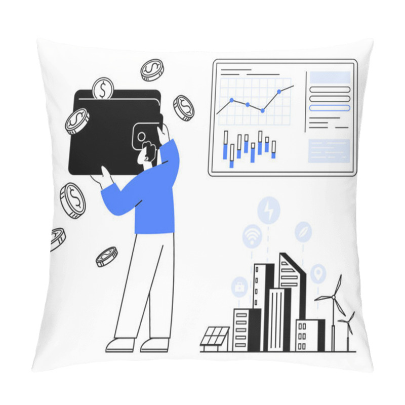 Personality  Man Holding Wallet With Coins Falling, Observing Analytics On Large Screen. Cityscape With Renewable Energy Icons. Ideal For Financial Planning, Smart Cities, Renewable Energy, Urban Development Pillow Covers