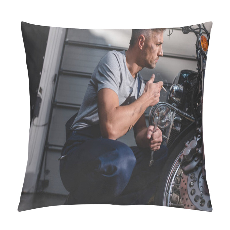 Personality  Mechanic Checking Motorcycle Front Wheel And Smoking In Garage Pillow Covers