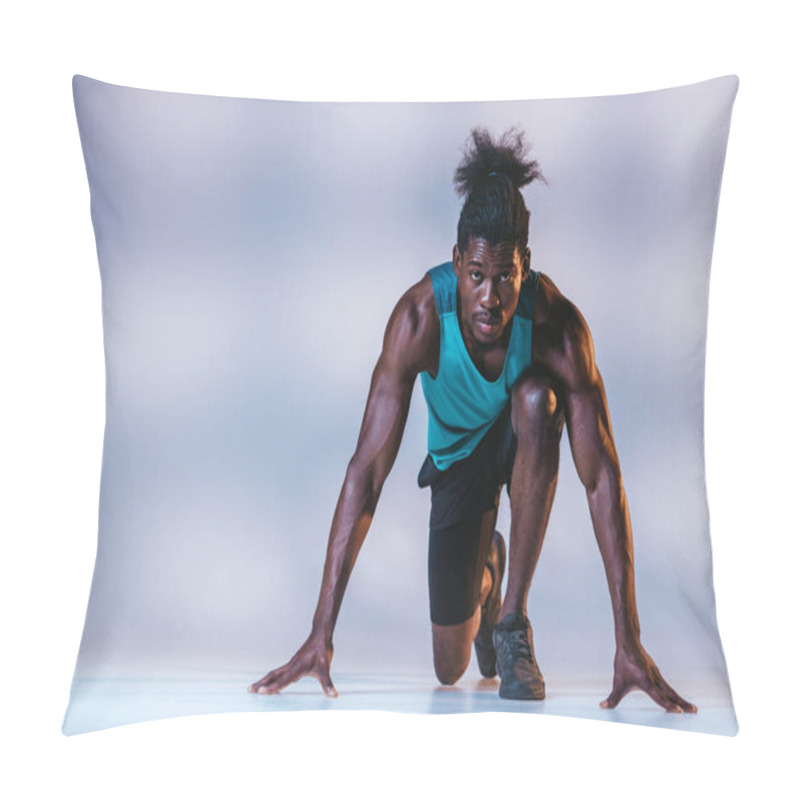 Personality  African American Sportsman Standing In Start Position And Looking At Camera On Grey Background With Lighting Pillow Covers