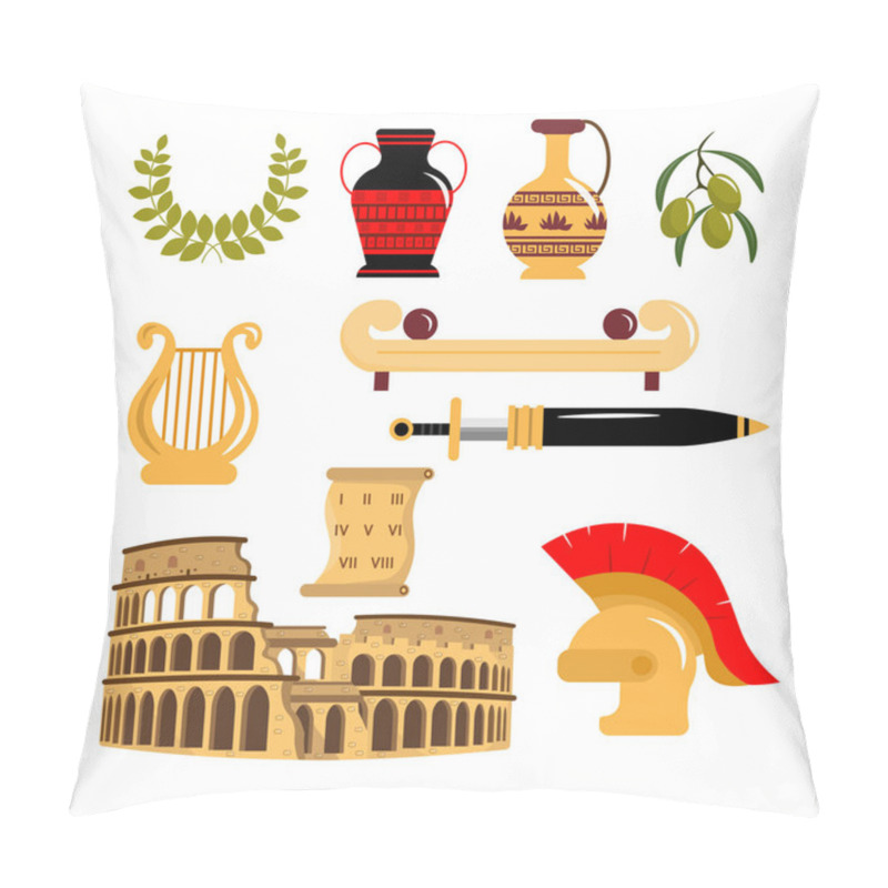 Personality  Set Of Equipment From Ancient Romans In Cartoon Style. Vector Illustration Of Wreaths With Olive Branch, Jugs, Clay Pots, Olives, Harp, Sword, Helmet, Coliseum, Scroll, Sofa On White Background. Pillow Covers