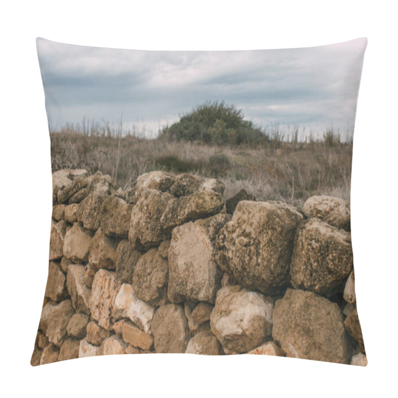 Personality  Wall With Stones Near Lawn Against Sky With Clouds  Pillow Covers