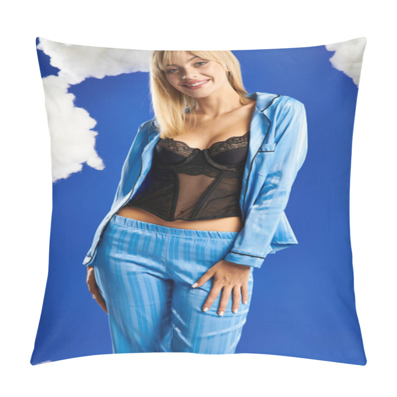 Personality  Blonde Woman In Blue Pants And Black Top Poses Among Fluffy Clouds And Blue Sky. Pillow Covers