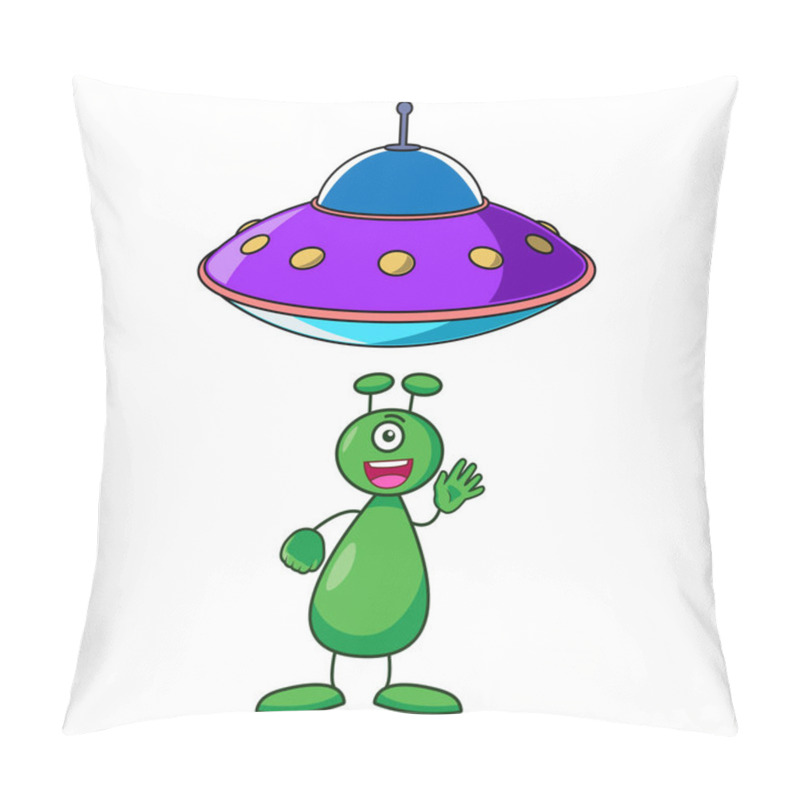 Personality  Aliens And Their Ufo Cartoon, Digital Art Illustration. Pillow Covers