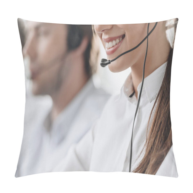 Personality  Cropped Shot Of Smiling Young Call Center Manageress Working With Colleagues Pillow Covers