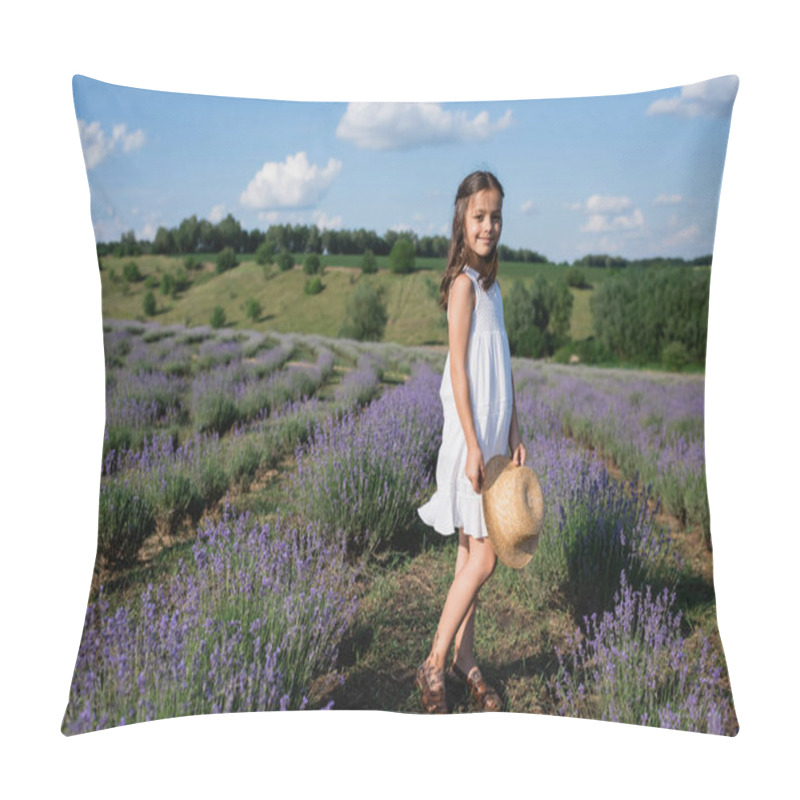 Personality  Full Length Of Smiling Girl With Straw Hat Standing In Lavender Field And Looking At Camera Pillow Covers