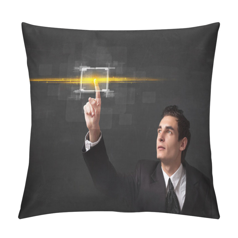 Personality  Tech Business Person Touching Button With Orange Light Beams Con Pillow Covers