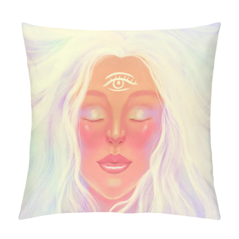 Personality  Light Bright Woman Girl Portrait. Symbol Of Spirituality, Spiritual Awakening, Mindfulness, Meditation And Healing. The Third Eye Is On The Woman's Forehead. Pillow Covers