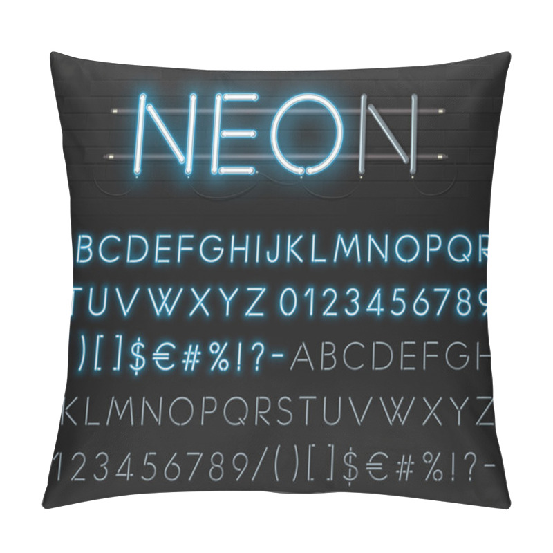 Personality  Realistic Neon Alphabet On A Background Of Black Brick Wall. Blue Glowing Font. Vector Format Pillow Covers