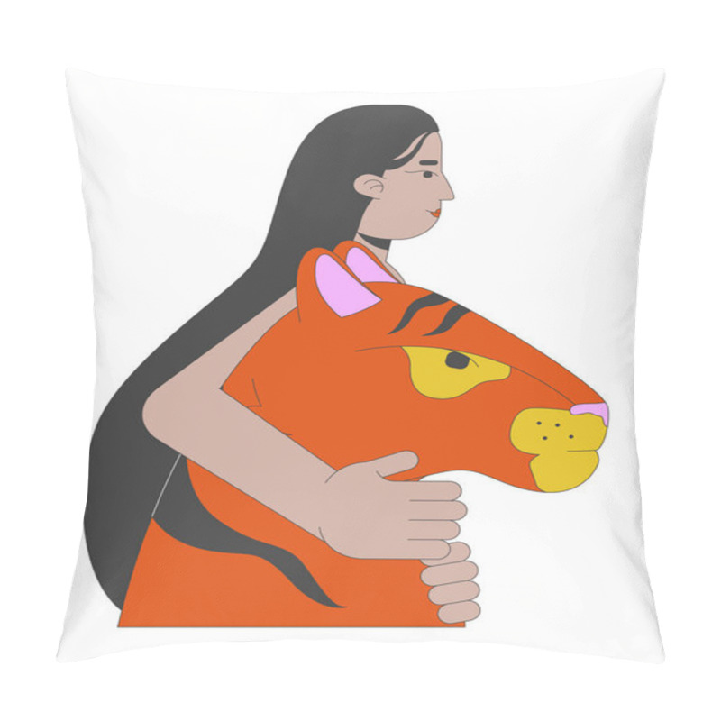 Personality  Indian Woman Embracing Tiger Head 2D Cartoon Character. Animal Guardian. South Asian Female Hugging Wildcat Predator Isolated Person Flat Vector On White Background. Spot Illustration Colorful Pillow Covers