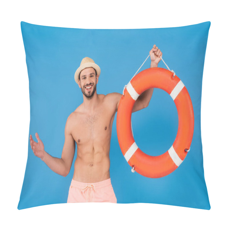 Personality  Cheerful Shirtless Man Holding Life Buoy Isolated On Blue  Pillow Covers