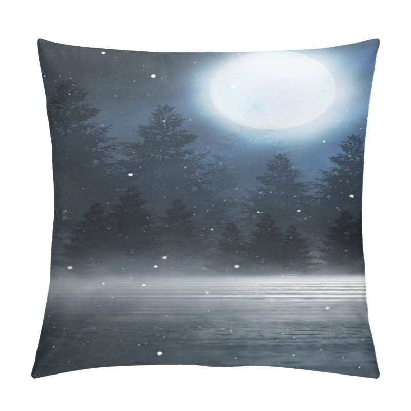 Personality  Dark Winter Forest Background At Night. Snow, Fog, Moonlight. Dark Neon Night Background In The Forest With Moonlight. Neon Figure In The Center. Night View, Magic. Pillow Covers