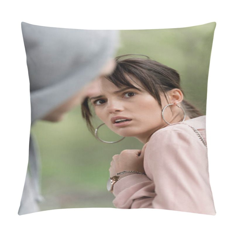 Personality  Scared Young Woman Looking At Thief In Hoodie  Pillow Covers