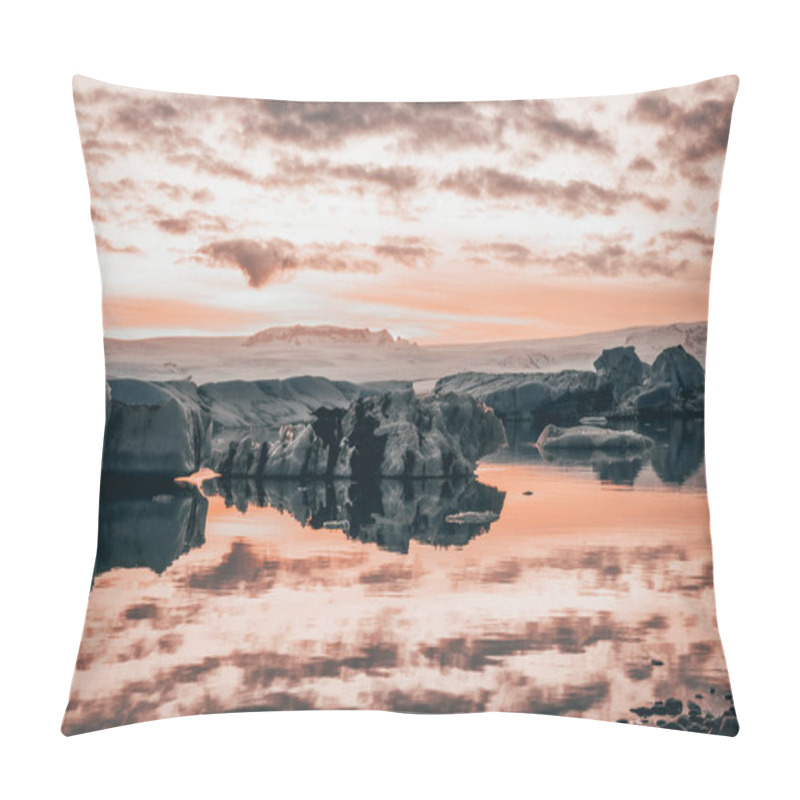 Personality  Mesmerizing Reflections Of Icebergs In Jokulsarlon Glacier Lagoon Under A Vibrant Pink And Orange Sunset Sky In South Iceland. Pillow Covers