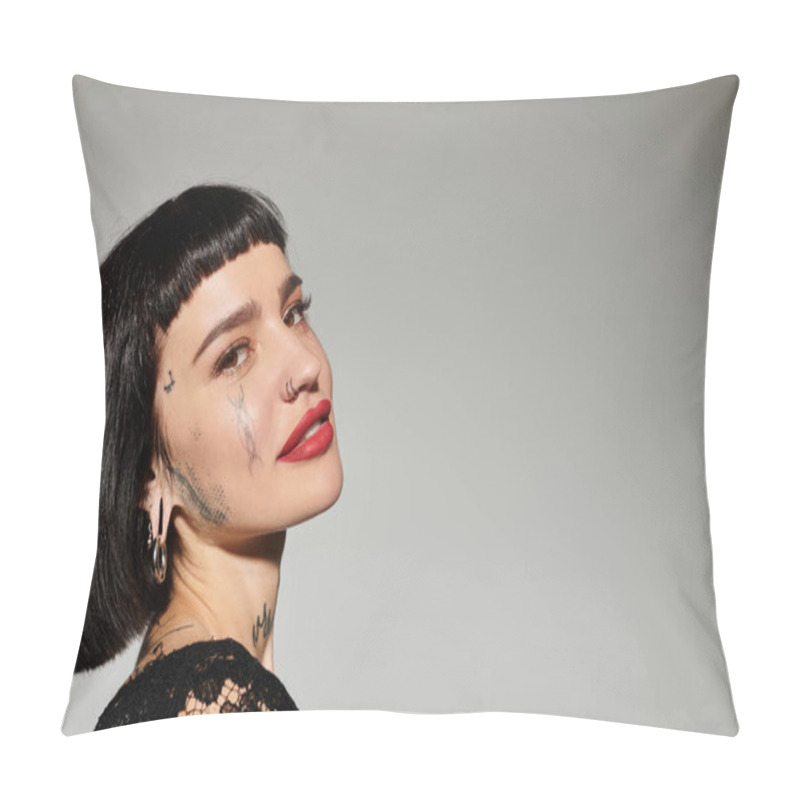 Personality  A Stylish Woman With Striking Tattoos Poses Confidently, Exuding Artistic Flair. Pillow Covers