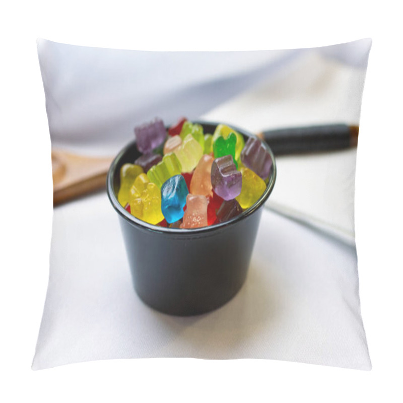 Personality  A Closeup View Of A Small Cup Of Tiny Gummy Bears. Pillow Covers